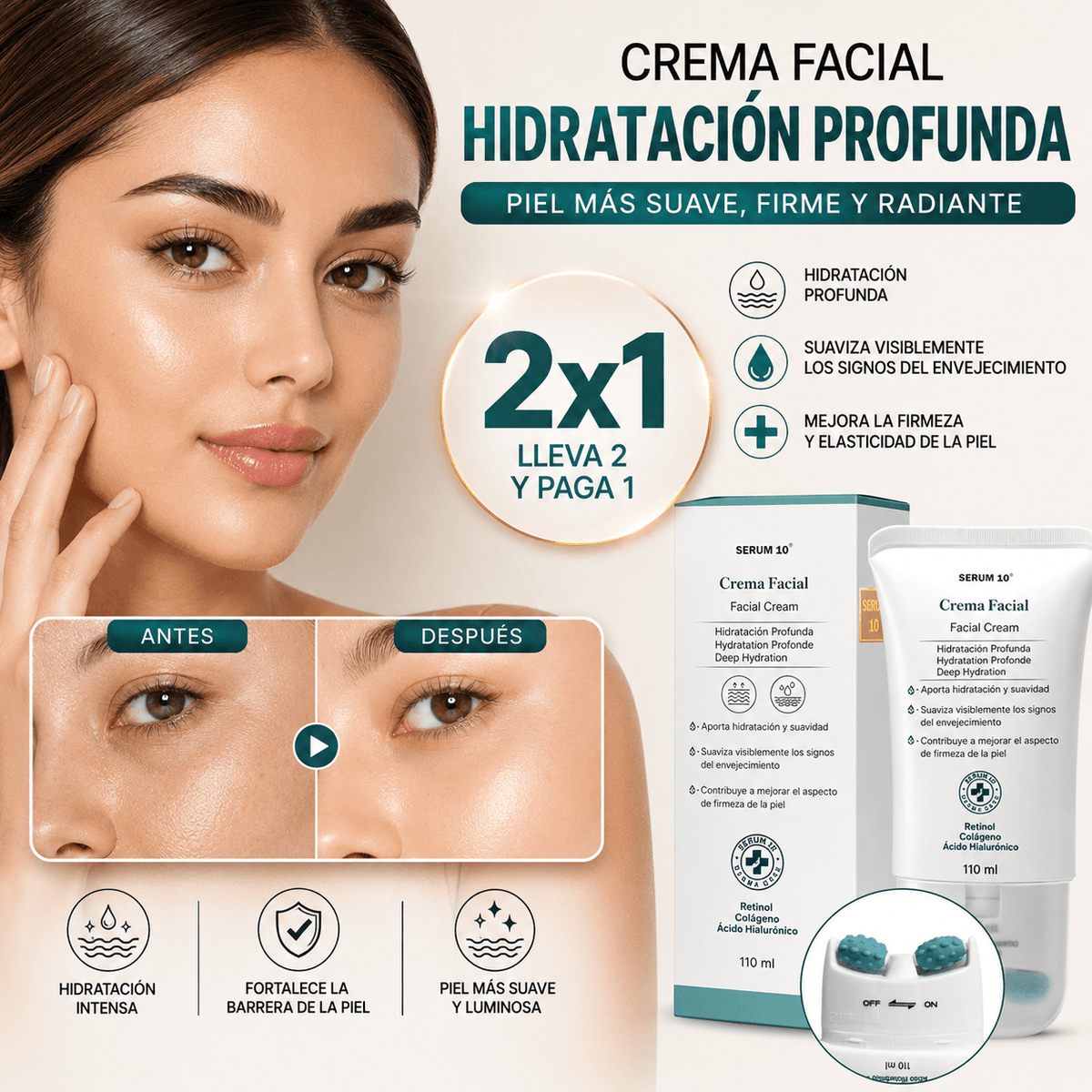 2x1 Crema masajeadora 3 en 1 Serum 10 con Retinol + Colágeno + Ácido Hialurónico