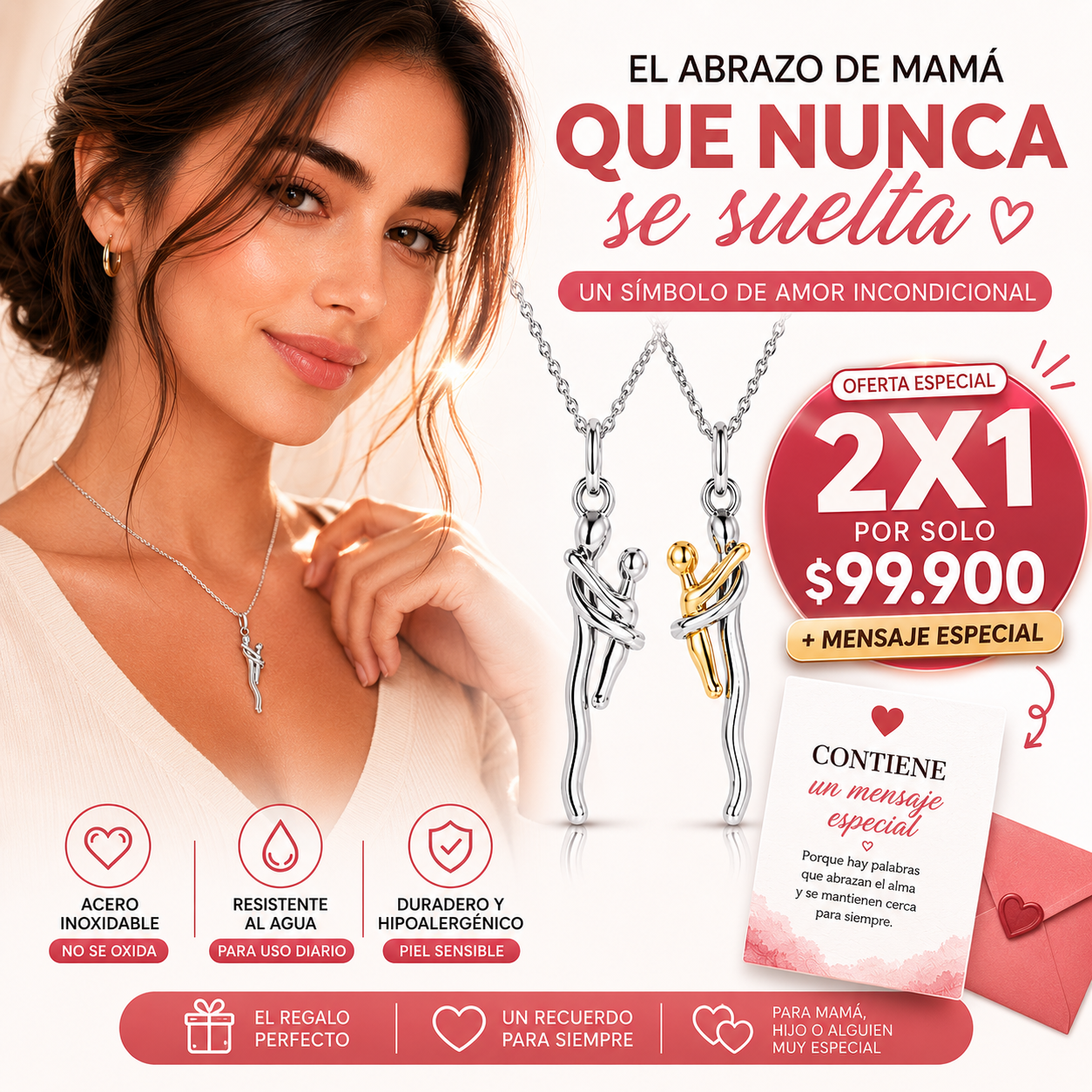 2x1 Collar Abrazo Eterno Madre e Hijo PREMIUM + OBSEQUIO mensaje especial