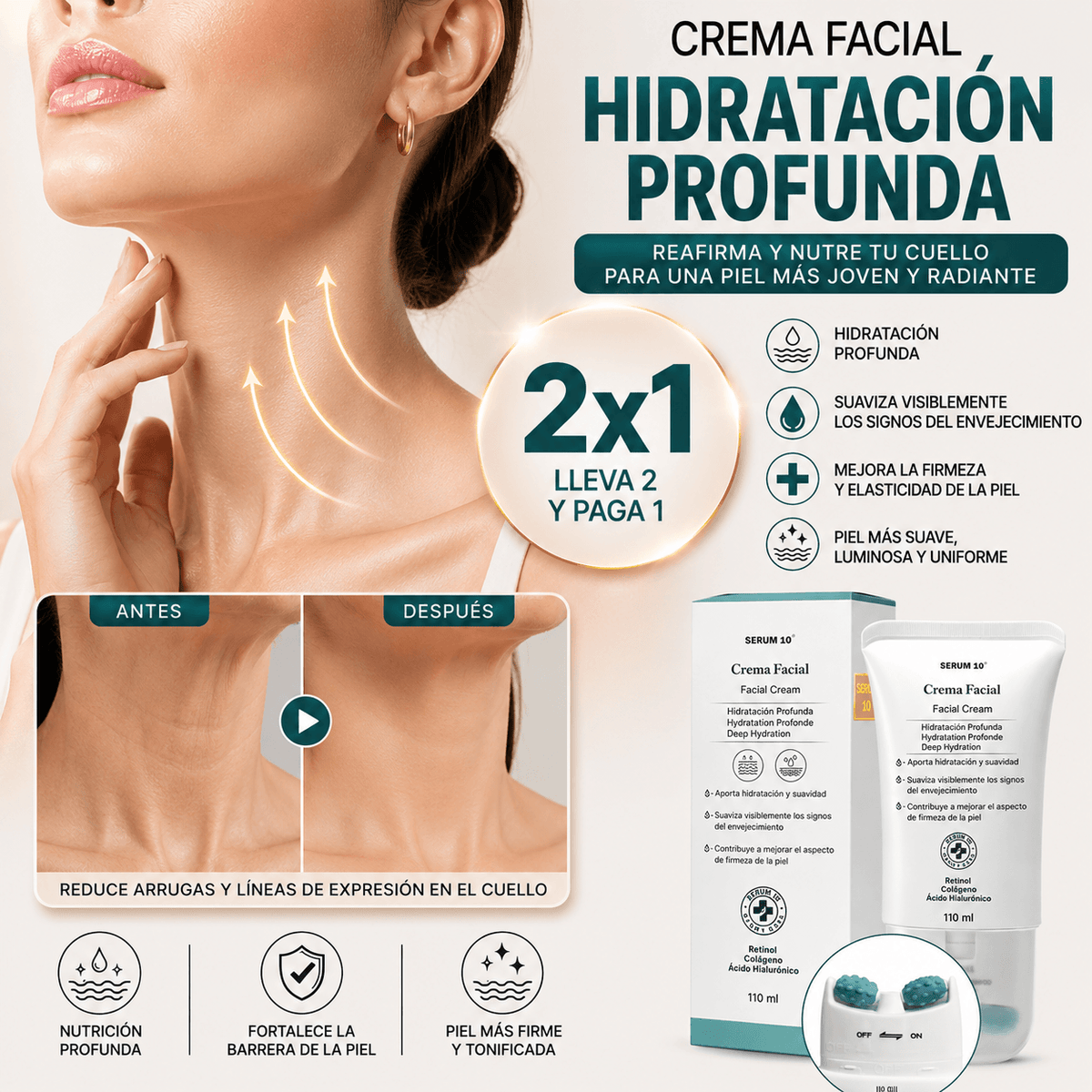 2x1 Crema masajeadora 3 en 1 Serum 10 con Retinol + Colágeno + Ácido Hialurónico